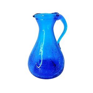 Vintage Small Aqua Blue Crackle Glass Pitcher With Handle Triangular Rim 5"